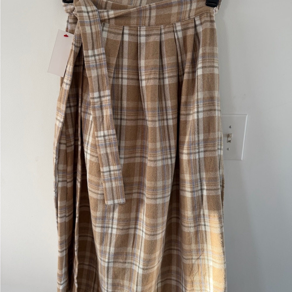 Red Dress Boutique Tan Plaid A-Line Midi Skirt with Self-Tie Belt